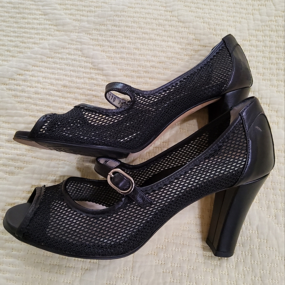 Taryn Rose Black Mesh Heeled Mary Jane Open Toe Shoes Size 39